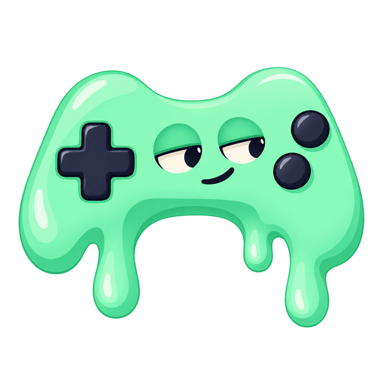 Doomplays maskot: en smeltende mintgrøn controller med trætte øjne, der skuler mod knappen ved siden af